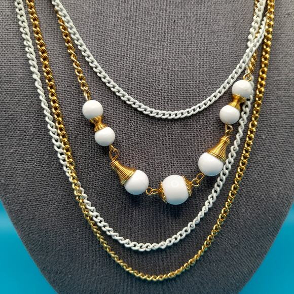Vintage White Enamel Gold Tone Chain Necklace, Glass Beads, 4 Strands, 18" - Picture 2 of 9